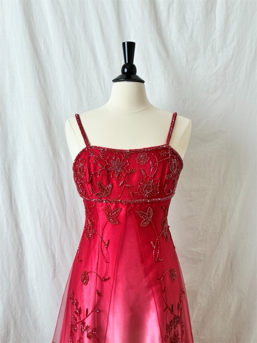 Vintage Hot Pink & Red Ombre Beaded Formal Gown